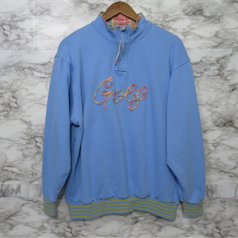 Vintage Izod Blue and Multi Color Plaid Golf Zip Pullover Size Medium